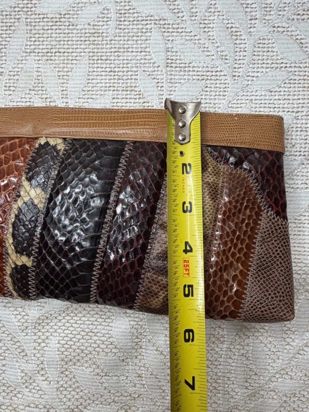 Bags by Supreme Vibtage Patchwork Snake-Embossed Crossbody Clutch - Tan & Brown - Picture 4 of 8